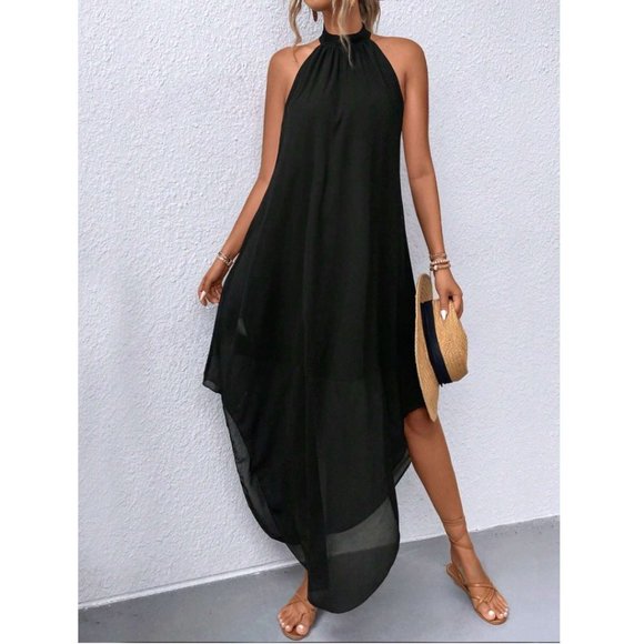 Black Layer Halter Dress With Circular Hemline - Picture 3 of 8